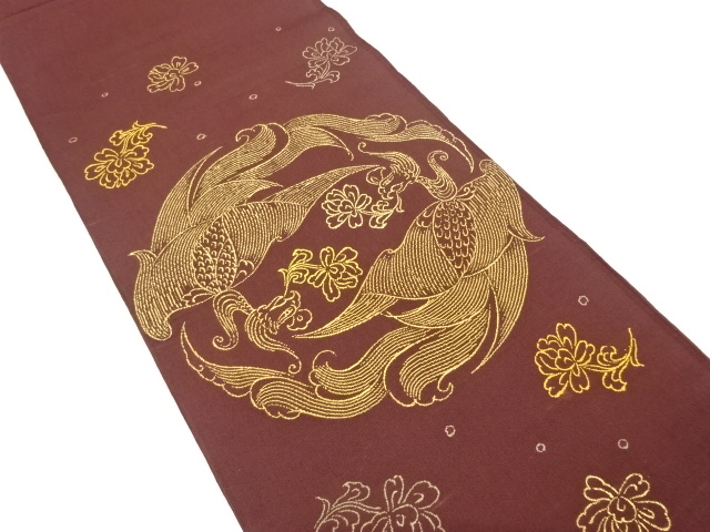 アンティーク　龍村平蔵製　唐磁鳳凰文織り出し本袋帯（着用可）